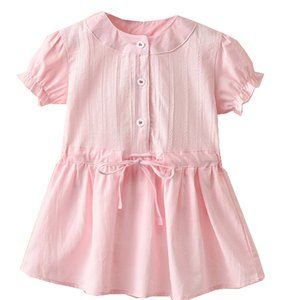 Pink Short Sleeve Drawstring Cotton Little Girl Dress